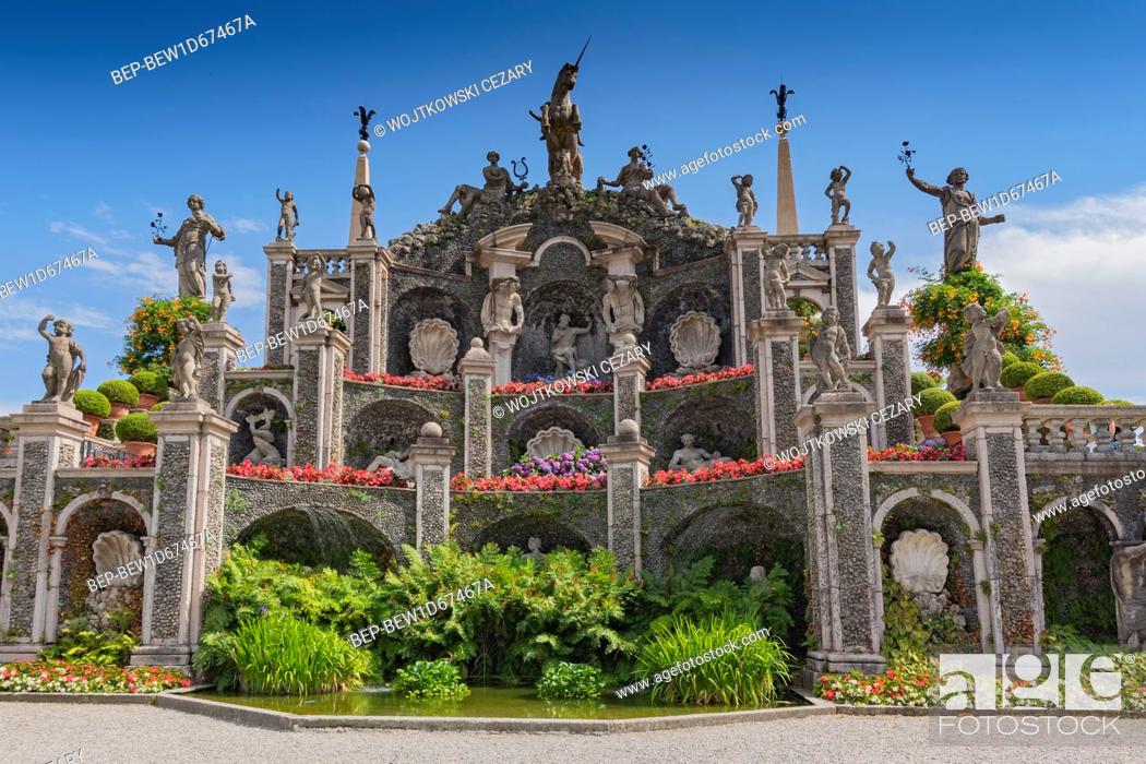 Stock Photo: The Baroque water theatre at the end of the garden overlooking the lake Maggiore, Isola Bella Italy.