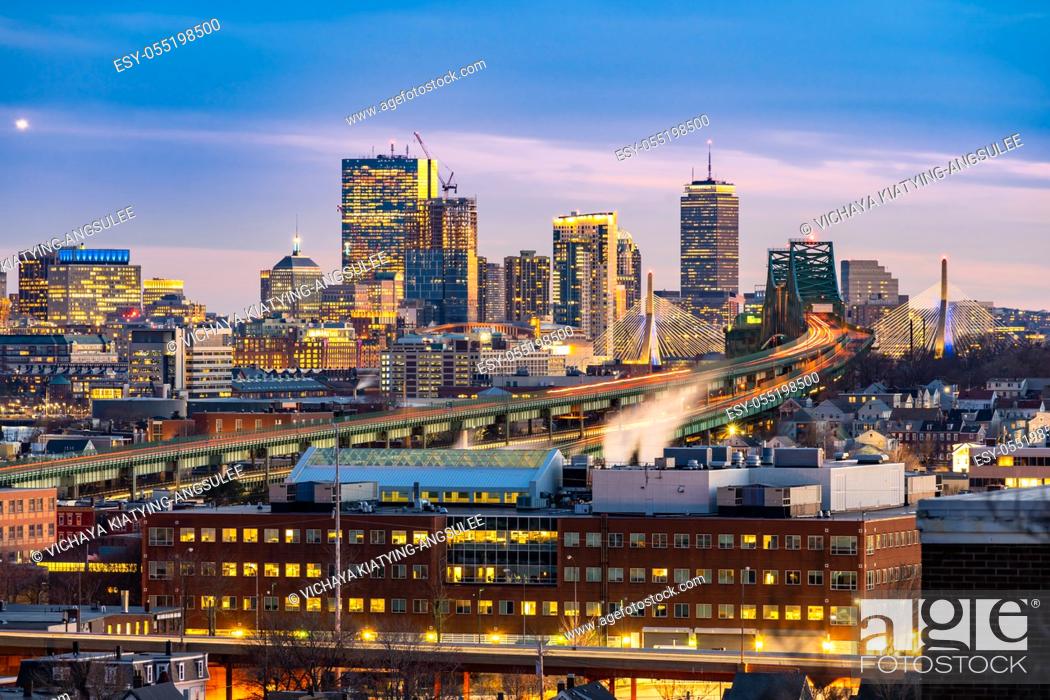 Stock Photo: Boston Cityscape with highway trail to Boston MA USA at night.