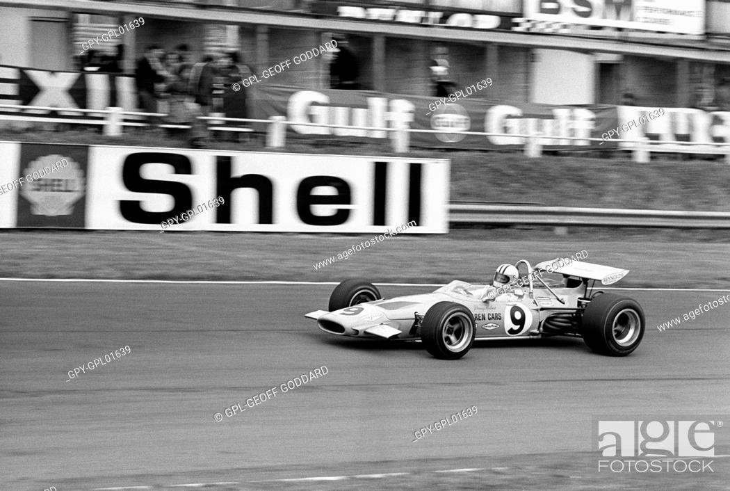 Stock Photo: Denny Hulme in a McLaren-Cosworth M14D at Bottom Straight behind pits, finished 3rd. British GP, Brands Hatch, England 18 July 1970.