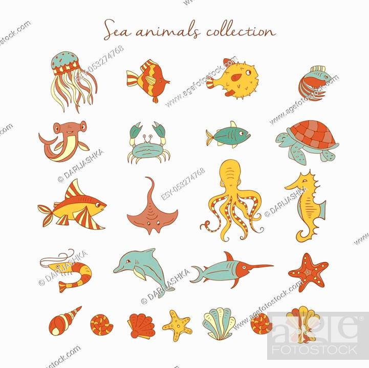 Vector Hand drawn sea elements: octopus, fishes, shells, fish hammer,  turtle, dolphin, Stock Vector, Vector And Low Budget Royalty Free Image.  Pic. ESY-053274768 | agefotostock