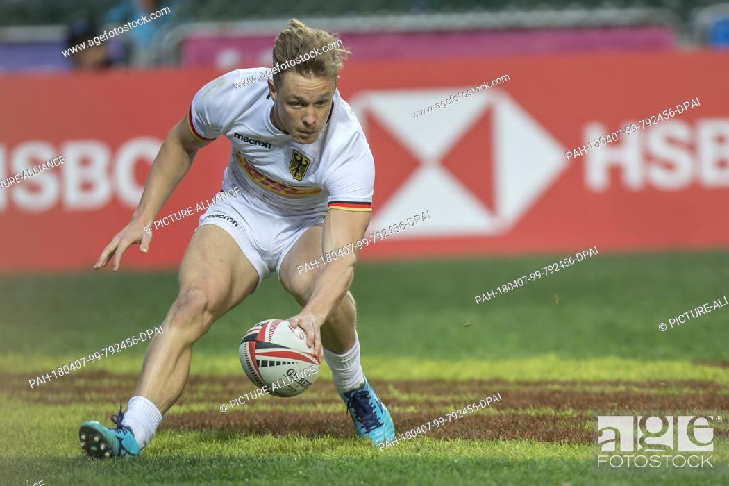 Stock Photo: Rugby Sevens Tournament in Hong Kong between 05 and 08 April 2018, quarter-finals, Germany vs Uganda: Try by Tim Lichtenberg (Germany, 12).
