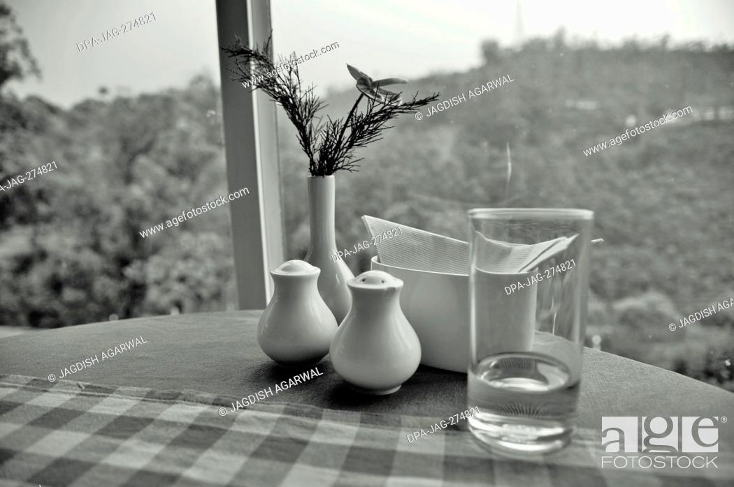 Stock Photo: Salt and pepper shakers with water glass and flower vase on table, Munnar, Idukki, Kerala, India, Asia.