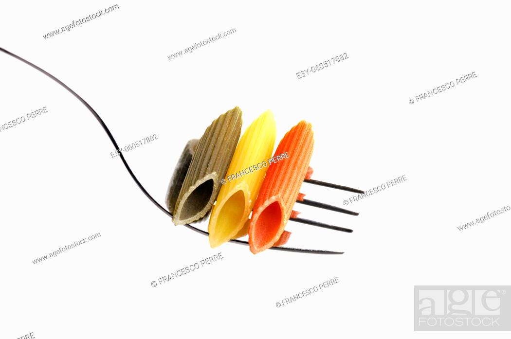 Stock Photo: italian penne pasta on a fork , on white background.