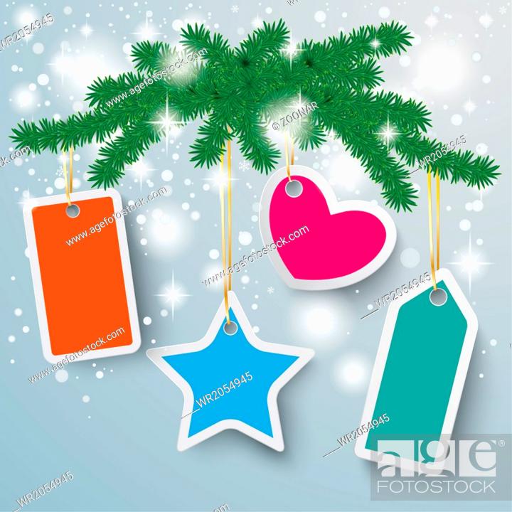 Stock Photo: Colored Price Stickers Snow Lights Fir Branch PiAd.