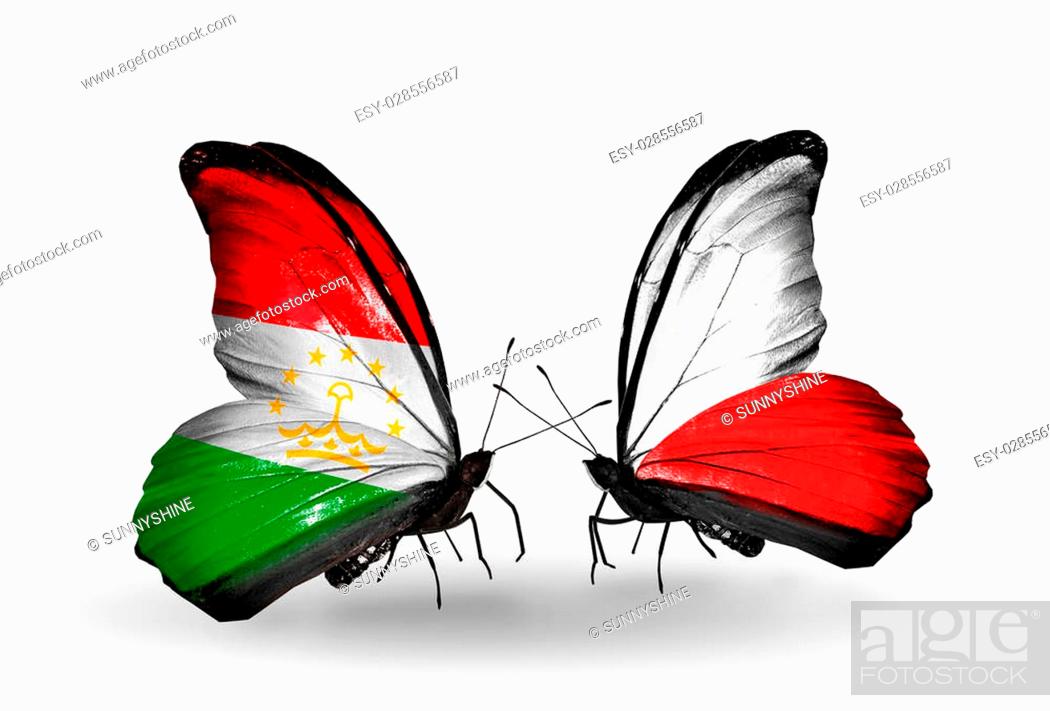 Stock Photo: Two butterflies with flags on wings as symbol of relations Tajikistan and Poland.