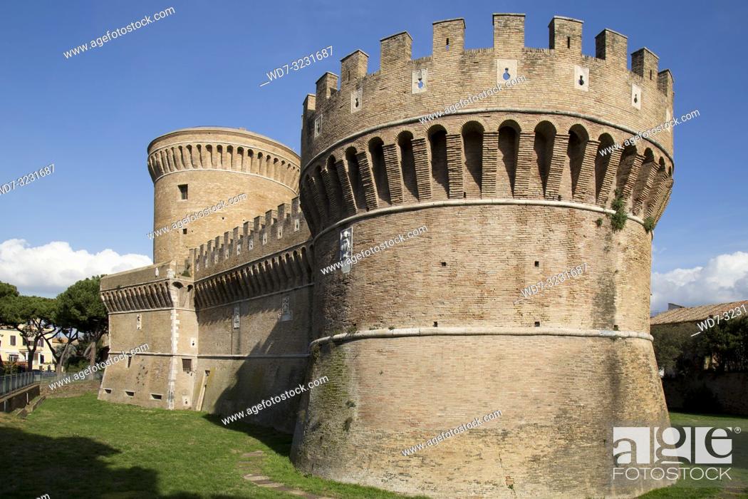 Stock Photo: castle and tower in the village of Ostia Antica, near Rome, Italy.