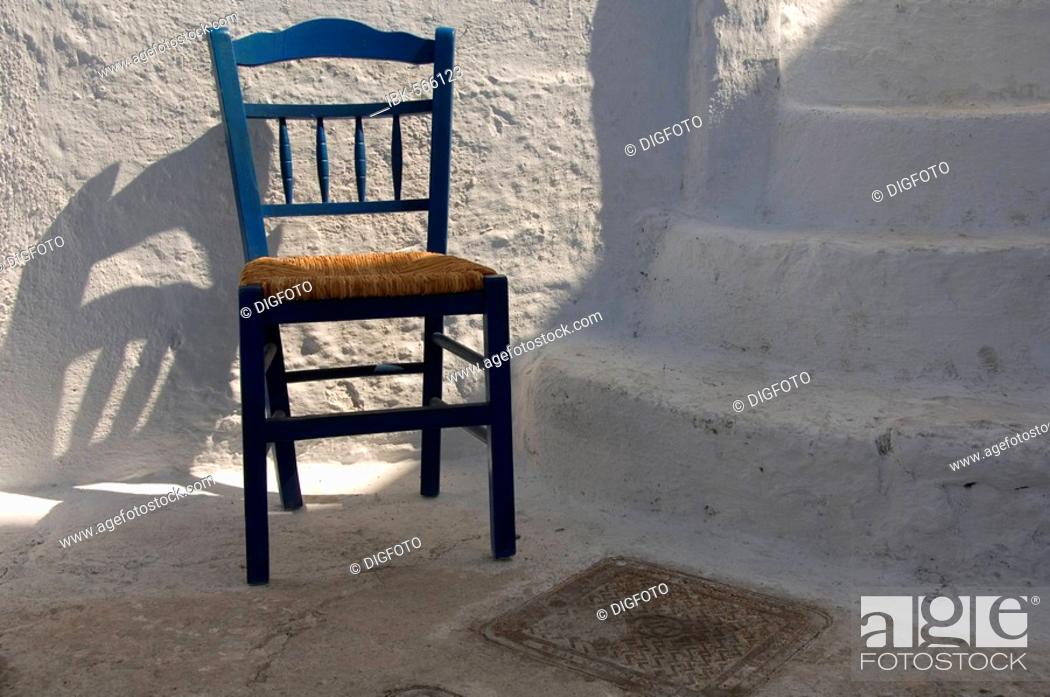 Stock Photo: Blue chair in front of stairs, Pyrgos, Santorini, Cyclades, Aegean Sea, Greece.