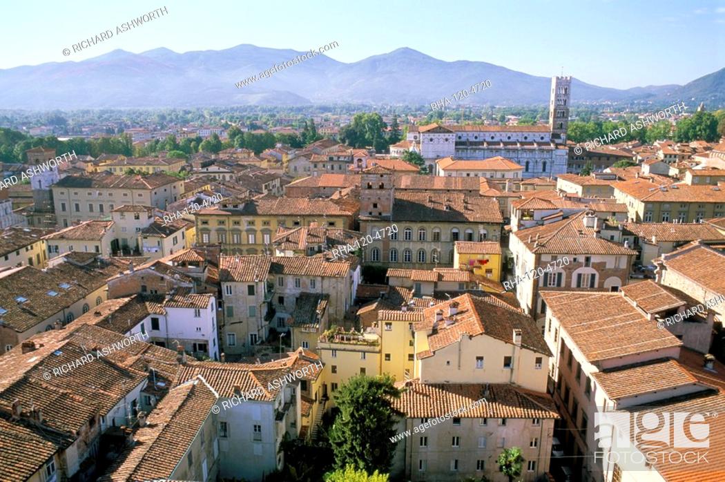 Stock Photo: View south from Guinici Tower of city rooftops and cathedral, Lucca, Tuscany, Italy, Europe.