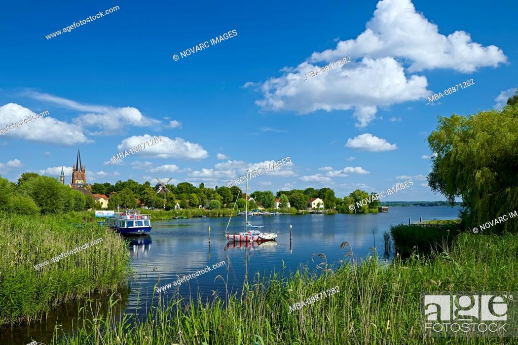 Stock Photo: Historic city with windmill and sailboat Havelwunder in Werder, Brandenburg, Germany.