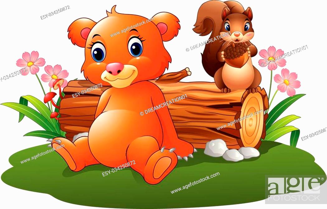 Vector illustration of Cartoon baby brown bear with squirrel in the forest,  Stock Vector, Vector And Low Budget Royalty Free Image. Pic. ESY-034250872  | agefotostock