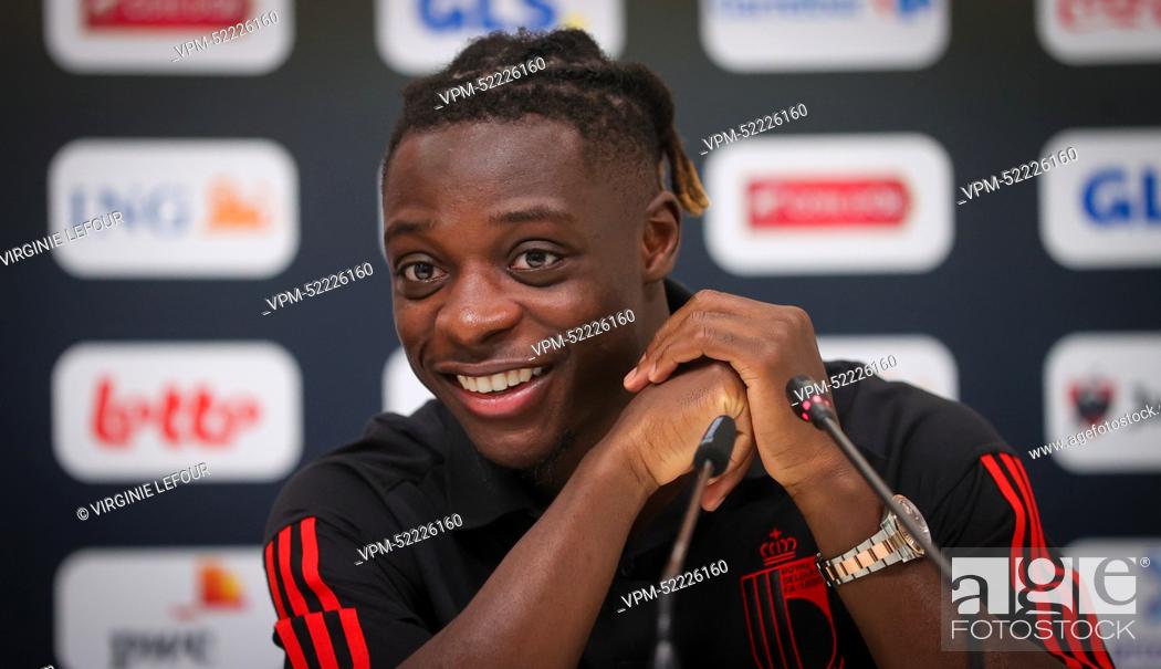 Stock Photo: Belgium's Jeremy Doku pictured during a press conference of the Belgian national soccer team the Red Devils, at the Hilton Salwa Beach Resort in Abu Samra.