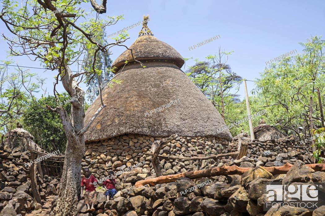 Photo de stock: Two black children in front of traditional stone hut with thatched roof of the Konso / Xonsita tribe, south-western Ethiopia, Africa.