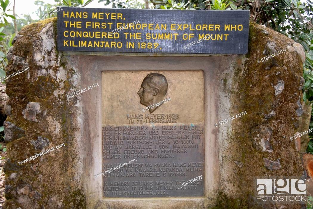 Stock Photo: Memorial plate for mountaineer Hans Meyer Marangu Route Kilimanjaro Tanzania.