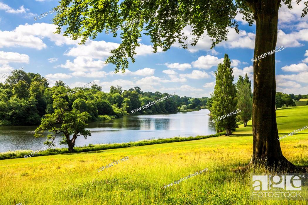 Stock Photo: View of the lake and parkland at Bowood House in Wiltshire in the summer.
