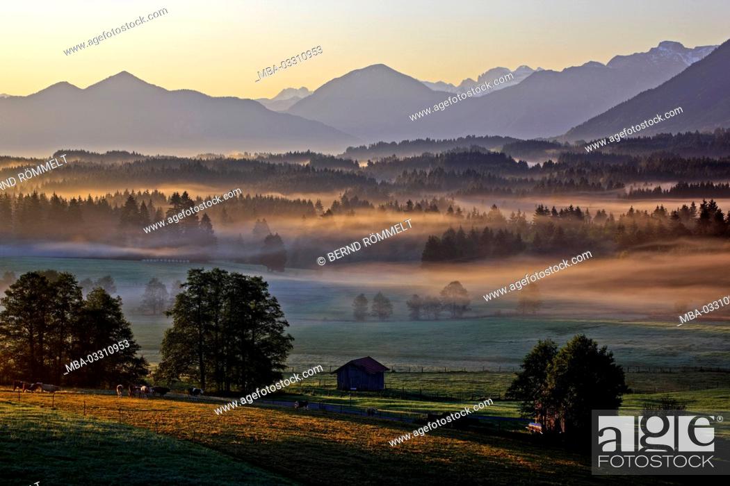 Stock Photo: Germany, Bavaria, Upper Bavaria, Pfaffenwinkel (region), Schönberg, Simetsberg, high box, Estergebirge (mountains), behind it Karwendel mountains,.