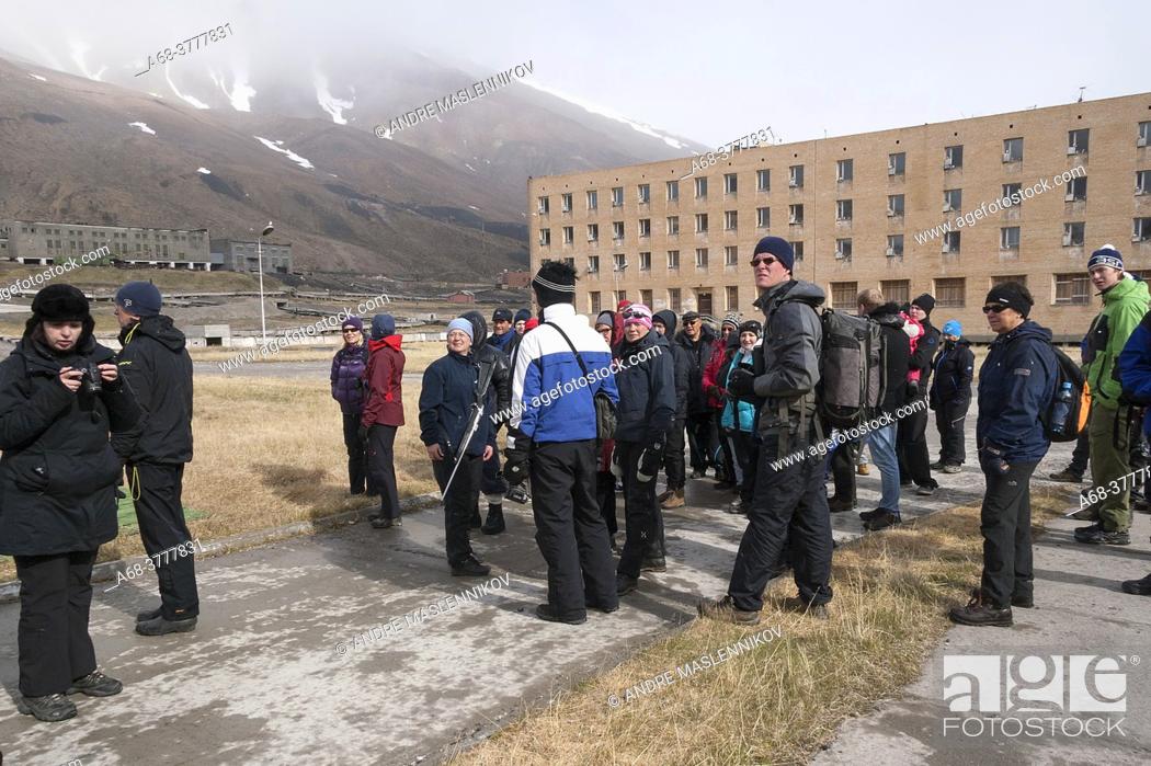 Stock Photo: The abandoned Russian mining town of Piramida on Svalbard is visited almost every day by tourists who come there by ship from Longyearbyen.