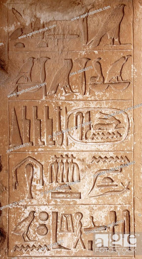 Stock Photo: Saqqara, Cairo, Egypt: pyramid of king Unas (2380-2350 b.Chr.) The false door with the royal cartouche.
