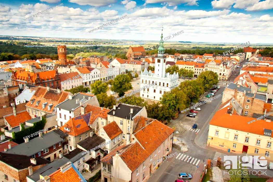 Stock Photo: Aerial view on city hall - Chelmno, Poland.