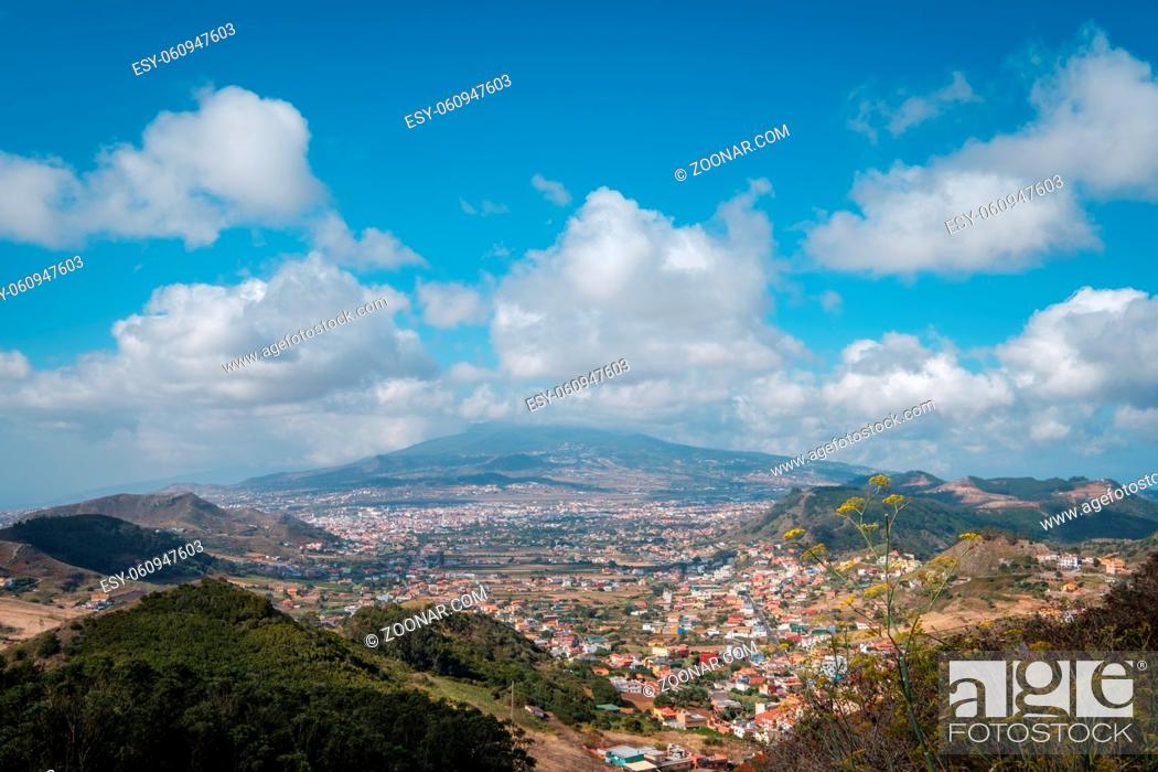 Stock Photo: landscape aerial view over valley, hills and village - rural countryside of north Tenerife.