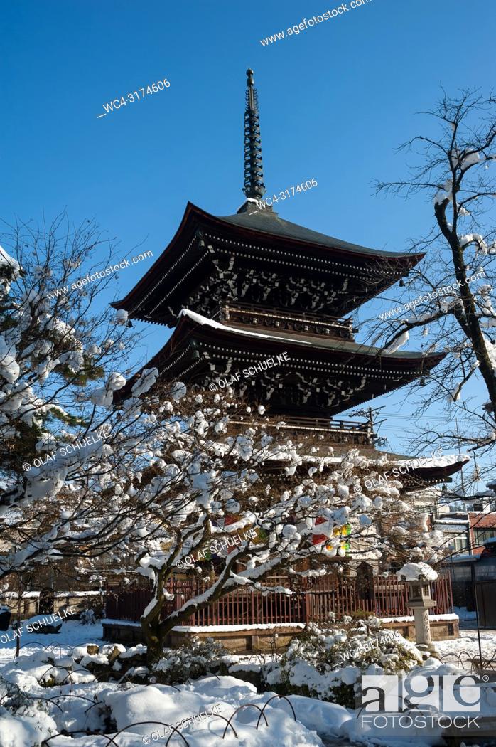 Stock Photo: Takayama, Gifu, Japan, Asia - The three-storey wooden pagoda at the Hida Kokubun-ji Temple.