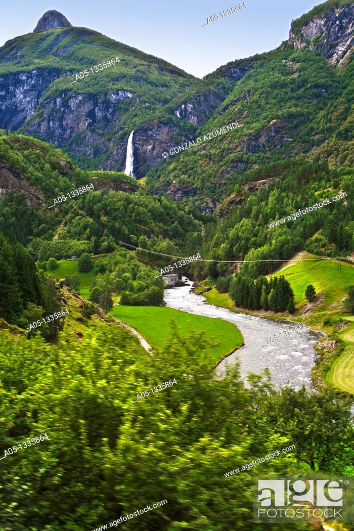 Stock Photo: Landscape next to Flam, Flamsbana Train, Myrdal-Flam route  Sognefjord Sogn & Fjordane, Norway.