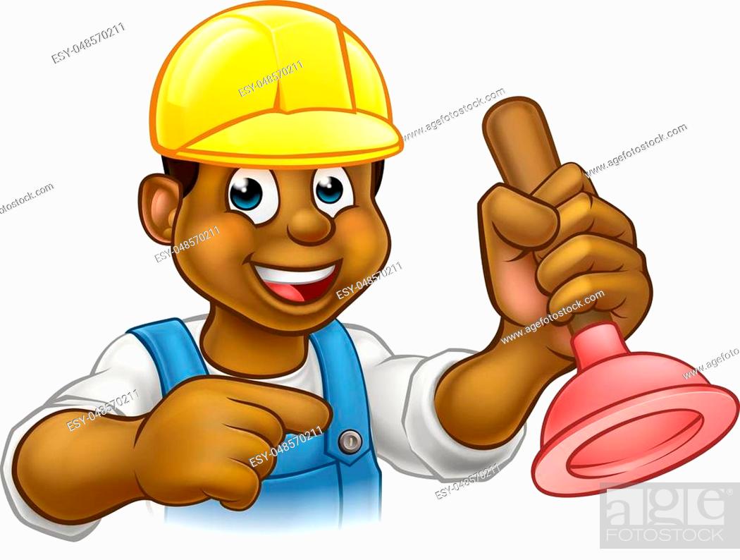 A handyman plumber cartoon character holding a plunger and pointing, Stock  Vector, Vector And Low Budget Royalty Free Image. Pic. ESY-048570211 |  agefotostock