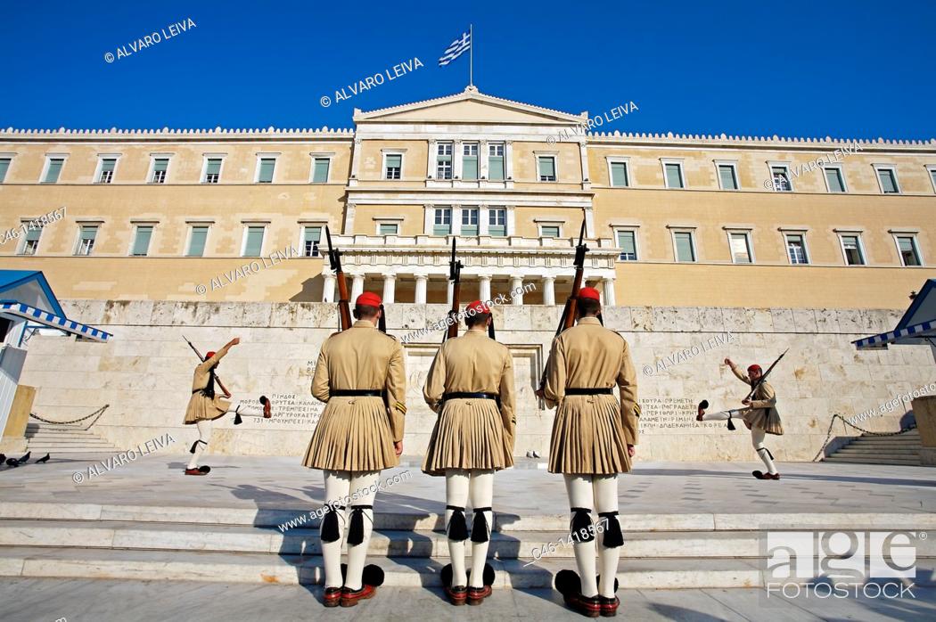 Stock Photo: Soldiers 'evzones' on guard at the Monument to the Unknown Soldier and Parliament Royal Palace, Syntagma Square, Athens  Greece.