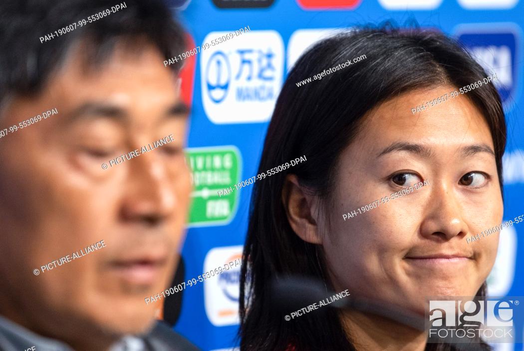 Stock Photo: 07 June 2019, France (France), Rennes: Football, women, World Cup, national team, China, press conference: Xiuquan Jia, coach of the Chinese women's national.