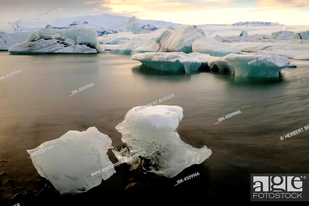 Stock Photo: Ice, icebergs with traces of volcanic ash, glacier lake, glacial lagoon of the Vatnajökull glacier, Jökulsarlon, Southern Region, Southern Region, Iceland.