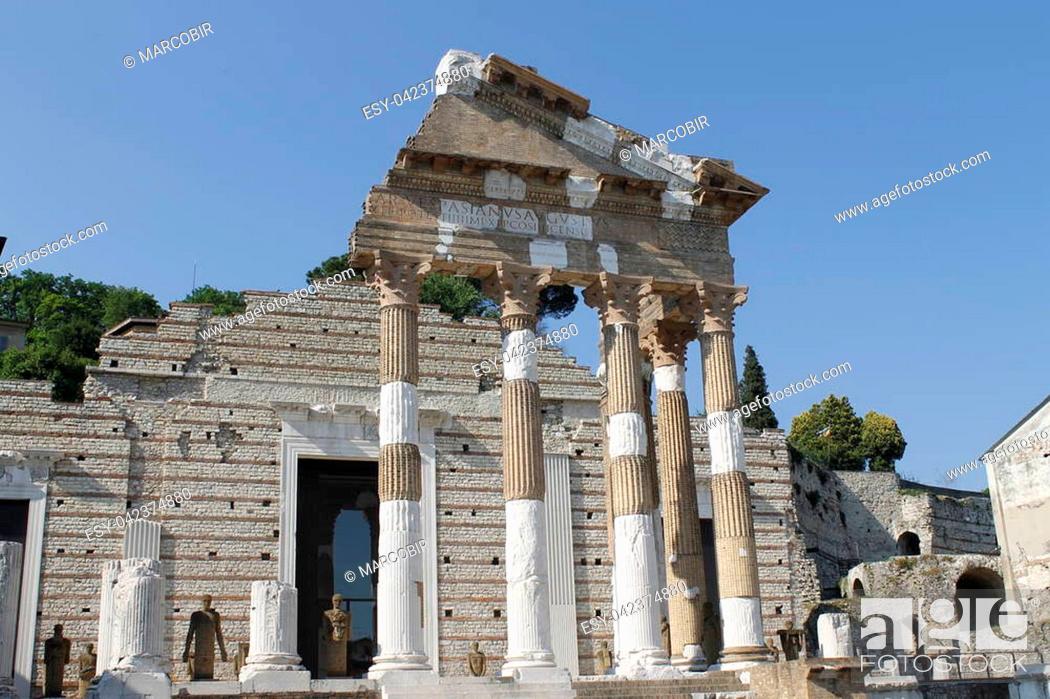 Stock Photo: Ruins of the roman temple called Capitolium or Tempio Capitolino in Brescia in Italy.