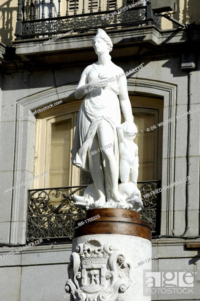 Stock Photo: Mariblanca statue of Venus, a replica of the real statue created by Ludovio Turqui, which now is situated in the town hall, Plaza Puerto del Sol square, Madrid.