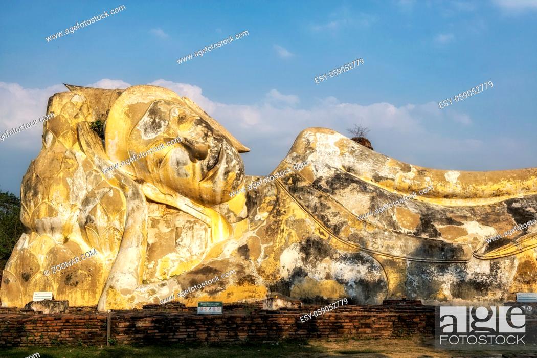 Stock Photo: Phra Noon reclining Buddha at Wat Lokayasutharam in Ayutthaya, Thailand.