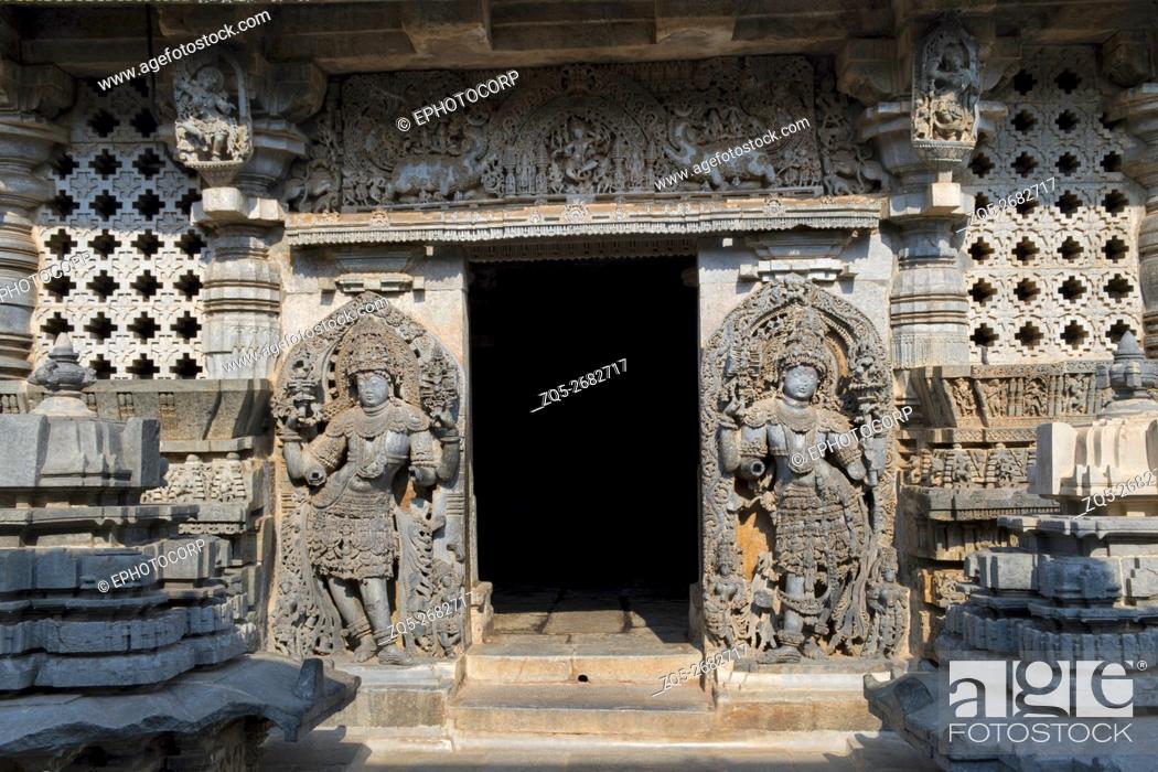 Stock Photo: Dwaraplas at the Shantaleswara shrine, Hoysaleshvara Temple, Halebid, Karnataka, india, View from East.