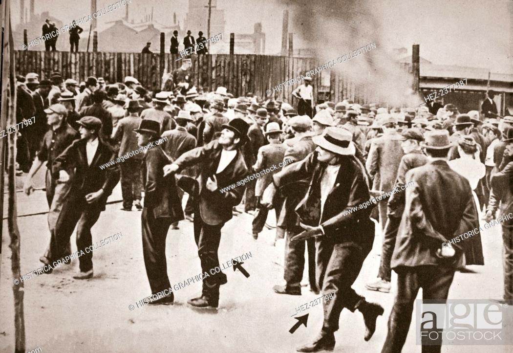 Stock Photo: Riot during a strike by Standard Oil workers, Bayonne, New Jersey, USA, 1915. Standard Oil employees went on strike on 15 July 1915 over pay and union.