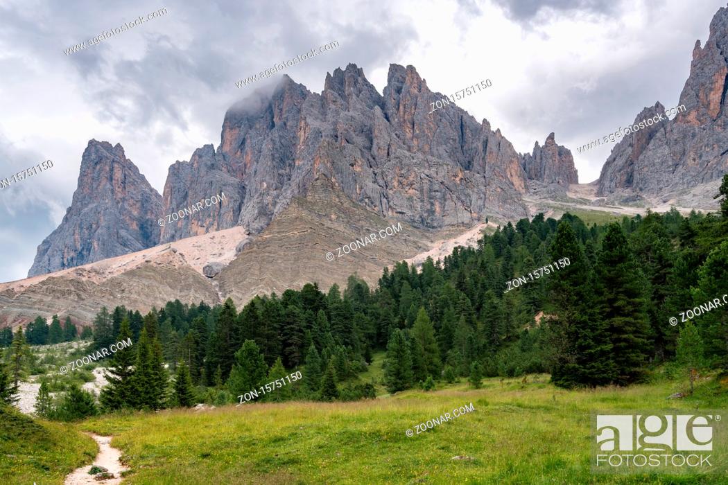 Stock Photo: Santa Magdalena St Maddalena Val di Funes in Dolomites Italian Alps with Furchetta mountain peak.