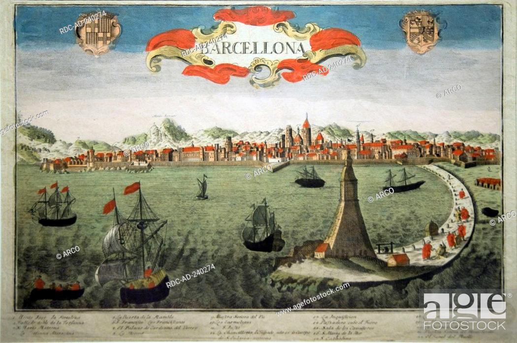 Stock Photo: Painting of Barcelona in 1760, Maritime Museum, Reproduction of the Royal galley of John of Austria at the battle of Lepanto, Barcelona, Catalonia, Spain.
