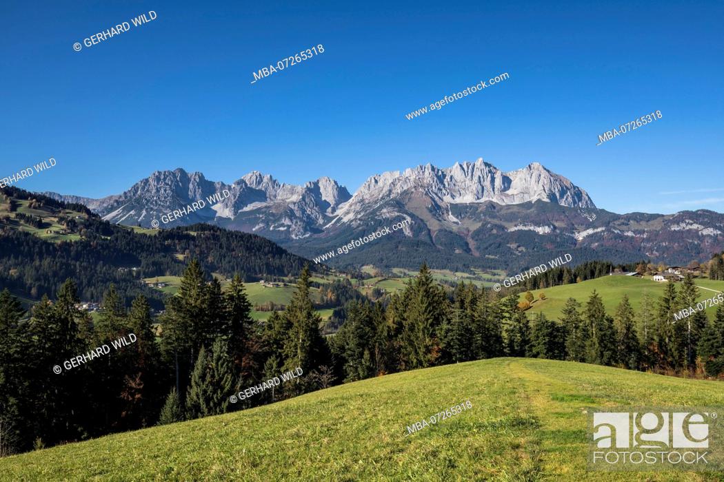 Stock Photo: View from the Rettenberg to the Wilder Kaiser, Kaiser Mountains, Reith near Kitzbühel, Kufstein district, Tyrol, Austria.