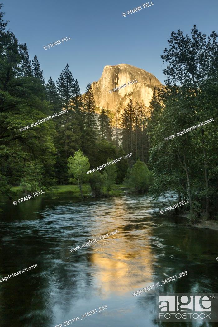 Stock Photo: Evening view of Half Dome reflecting in Merced River, Yosemite National Park, UNESCO World Heritage Site, California, USA, North America.