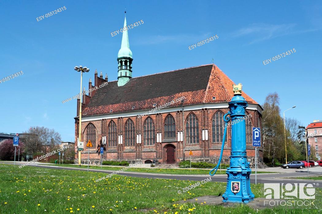 Stock Photo: Old Town, Water, Horizontal, Sky, Blue, Grass, Belief, Religious, Road, Church, Metal, Faith, Religion, Europe, Straight, Green, Meadow, City, Historic, Tower, Old, Architecture, Building, Facade, Peter, Catholicism, Clean, Gothic, Sight, Style