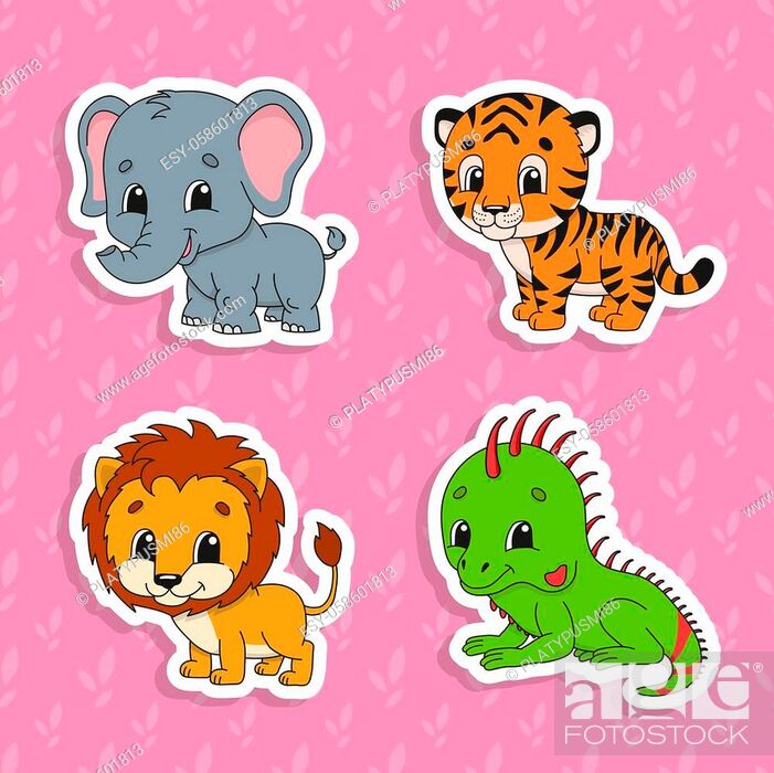 Set of bright color stickers. Orange lion. Green iguana. Orange tiger,  Stock Vector, Vector And Low Budget Royalty Free Image. Pic. ESY-058601813  | agefotostock