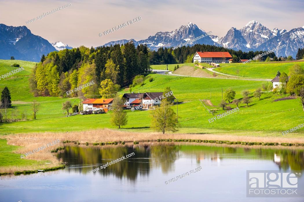Stock Photo: panoramic view to alps mountain range and lake in Bavaria.