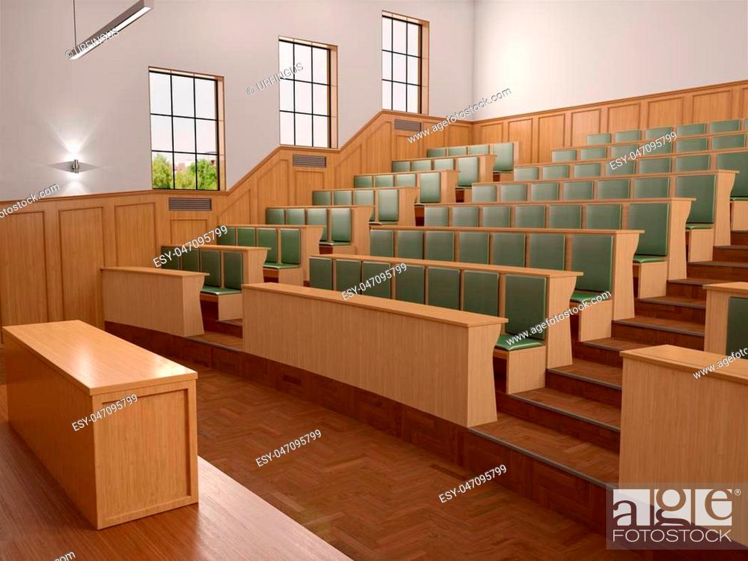 Stock Photo: Empty modern style of lecturing of the University in the class with green seats. 3d illustration.