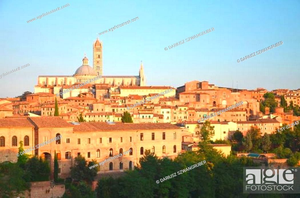 Stock Photo: Gorgeous panorama of Siena at sunset in the summertime, Tuscany, Italy.