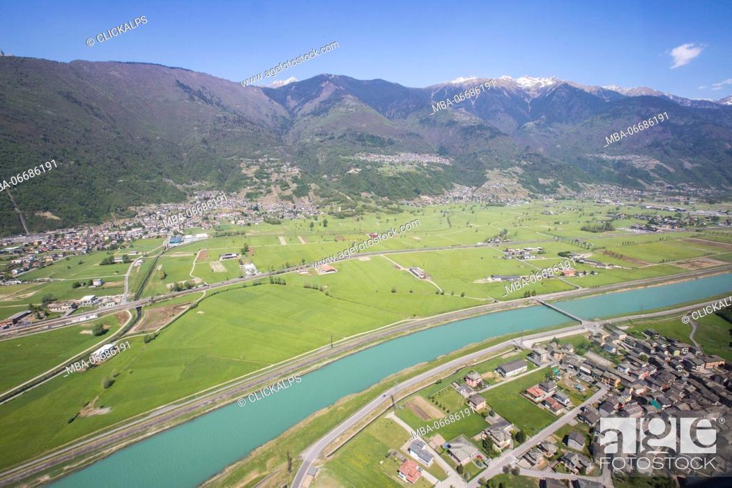 Stock Photo: Aerial view of Sirta and Adda River Masino Valley Lower Valtellina Lombardy Italy Europe.