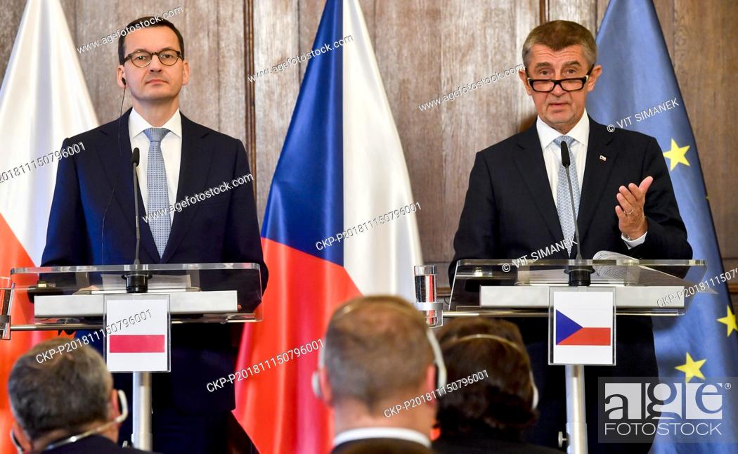 Stock Photo: Fifth joint talks of Czech and Polish governments, with PMs Andrej Babis (right) and Mateusz Morawiecki (left) to discuss economic issues.