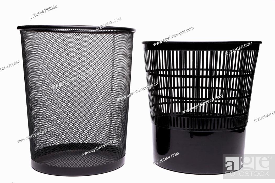 Stock Photo: Metal and plastic trash cans on white background.