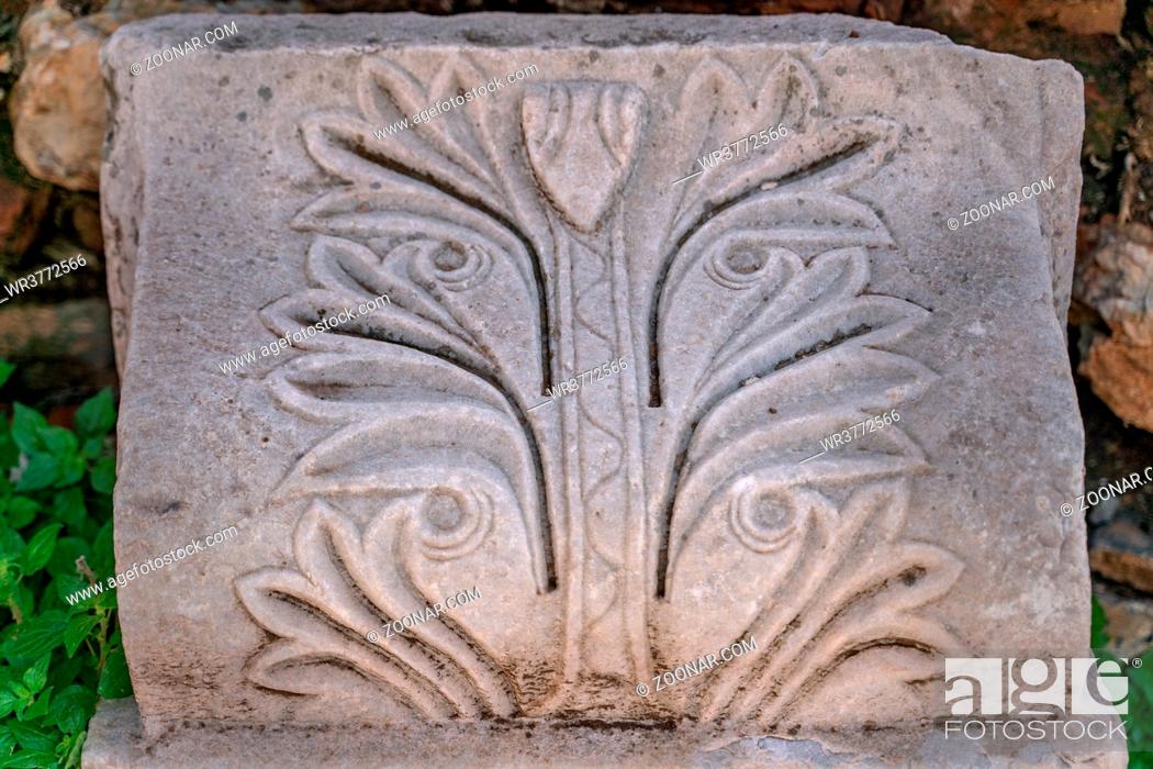 Stock Photo: Selcuk, Izmir, Turkey - columns of Memmius Monument in Ephesus ruins, historical ancient Roman archaeological sites in eastern Mediterranean Ionia region under.