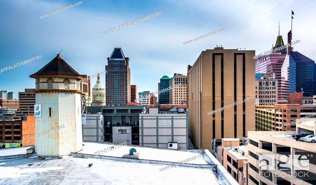 Stock Photo: View of buildings from a parking garage in Baltimore, Maryland.