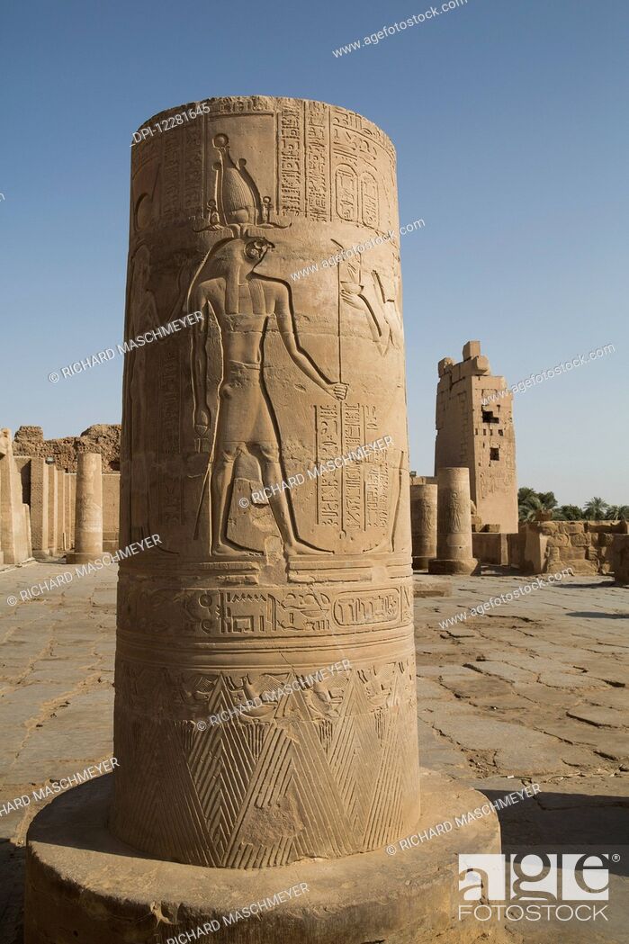 Stock Photo: Pillar with bas-relief of the god Horus, Forecourt, Temple of Haroeris and Sobeck; Kom Ombo, Egypt.