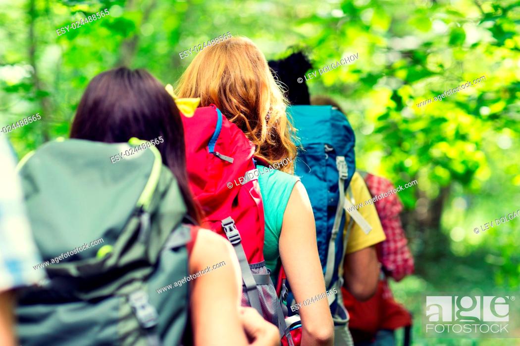 Photo de stock: adventure, travel, tourism, hike and people concept - close up of friends walking with backpacks in woods from back.